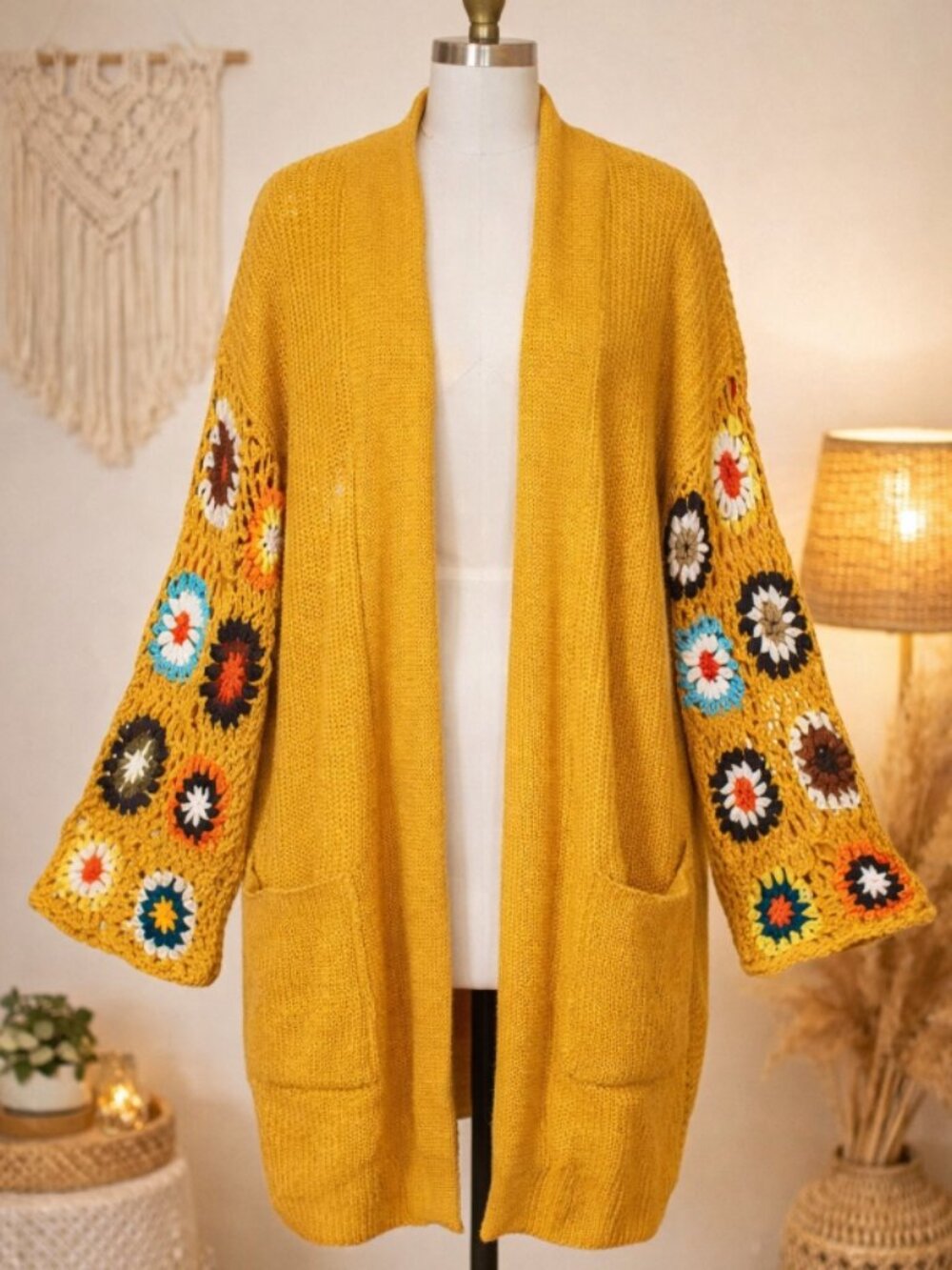Blakeley Mustard Boho Granny Square Crochet Sleeve Cardigan – Retro 70s